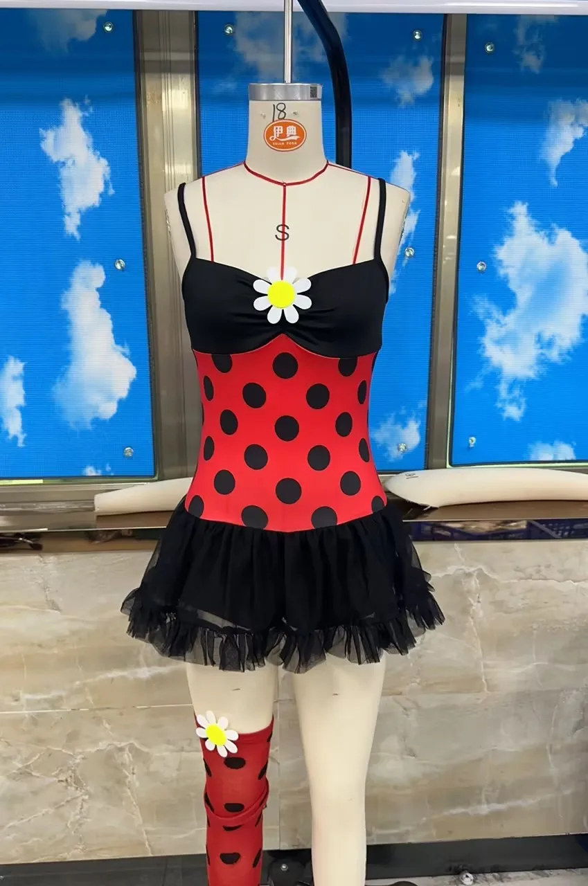 Women Halloween Ladybug Cosplay Costume Beetle Wings Bee Fairy Role Play Costume Dress Headband Leg Warmer 4pcs Outfits