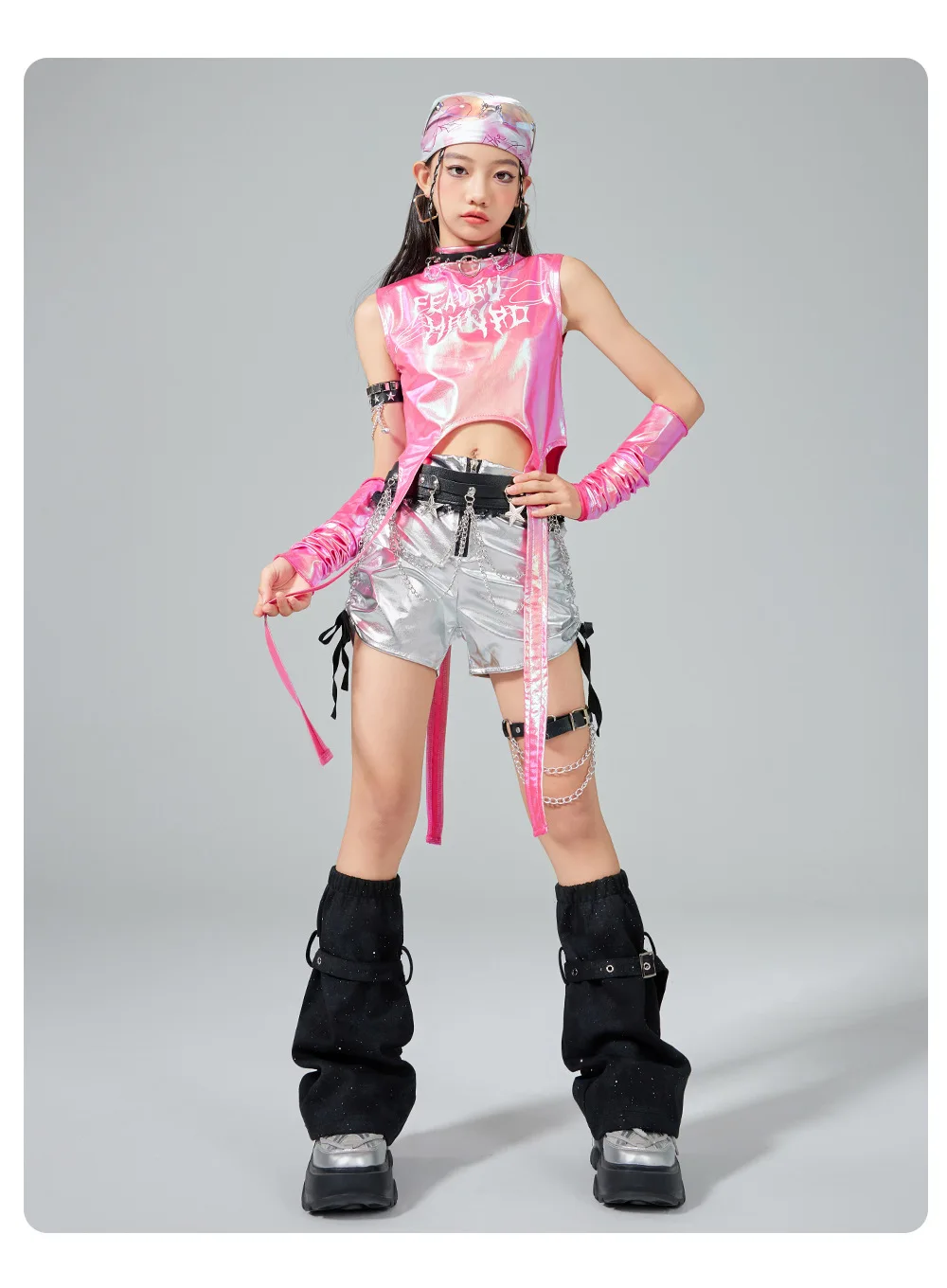 Hip Hop Girls Sweet Shiny Crop Top Silver Cargo Pants Kids K-pop Jazz Dance Clothes Sets Children Streetwear Girl Group Costumes