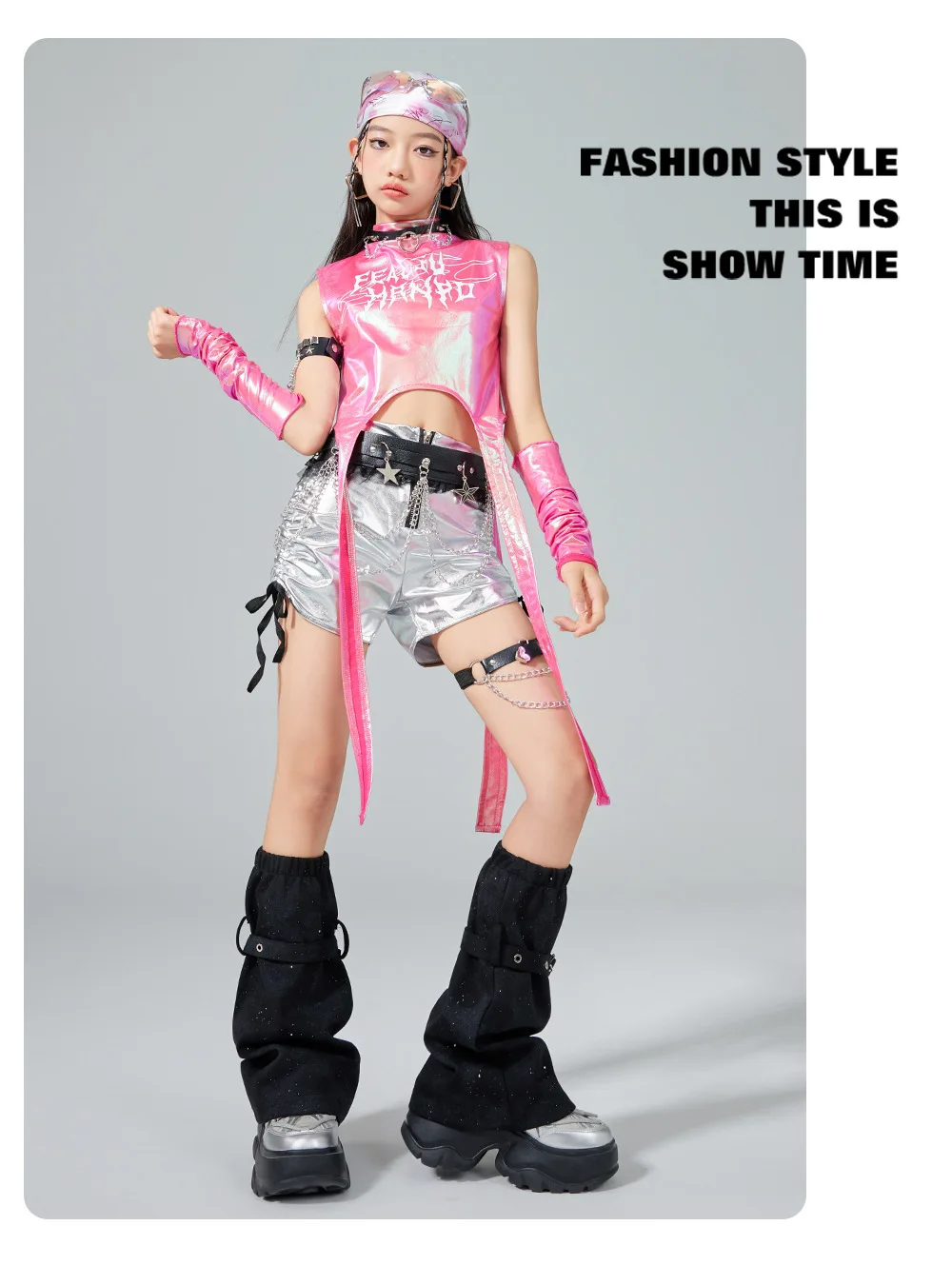 Hip Hop Girls Sweet Shiny Crop Top Silver Cargo Pants Kids K-pop Jazz Dance Clothes Sets Children Streetwear Girl Group Costumes