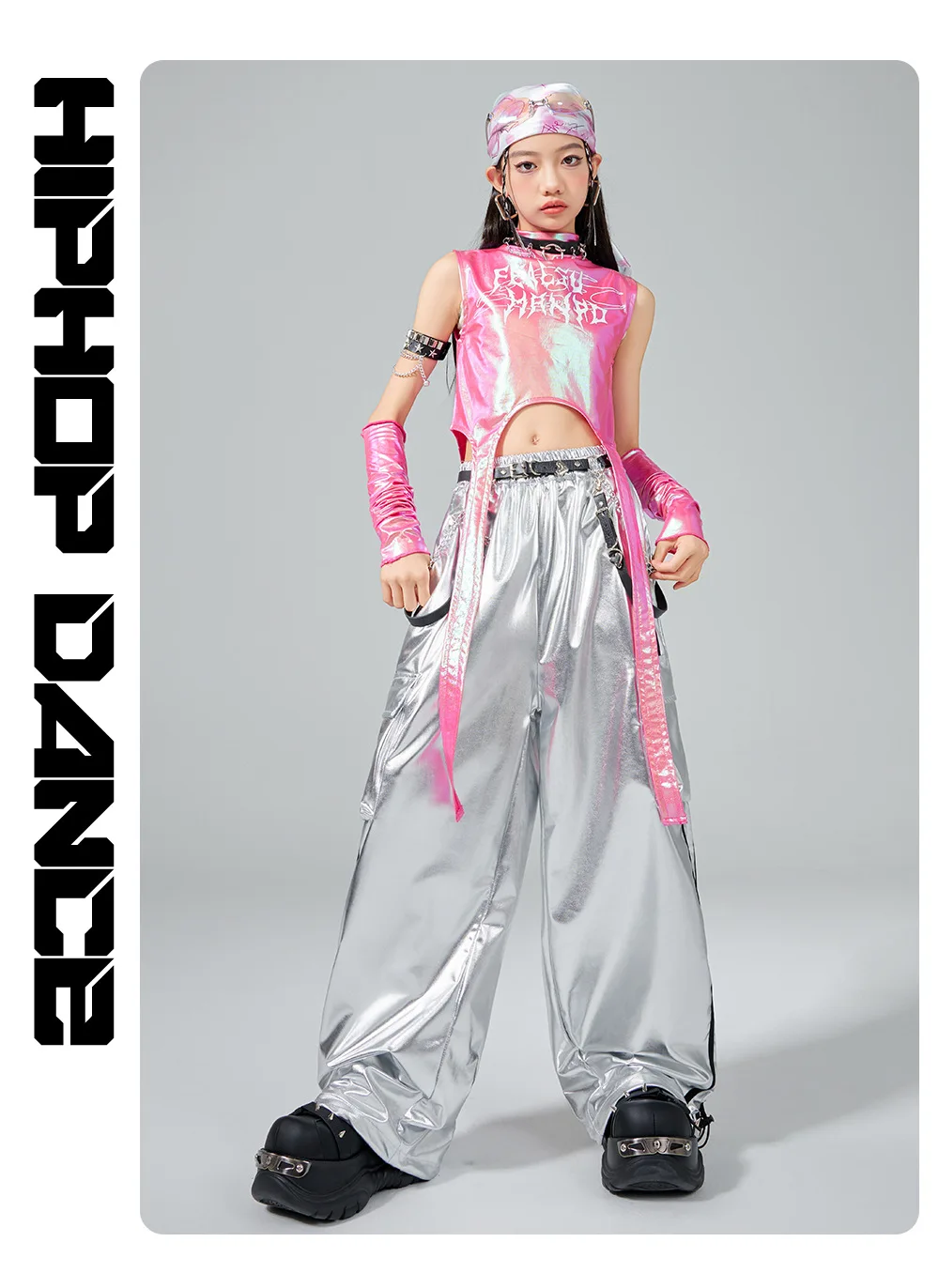 Hip Hop Girls Sweet Shiny Crop Top Silver Cargo Pants Kids K-pop Jazz Dance Clothes Sets Children Streetwear Girl Group Costumes