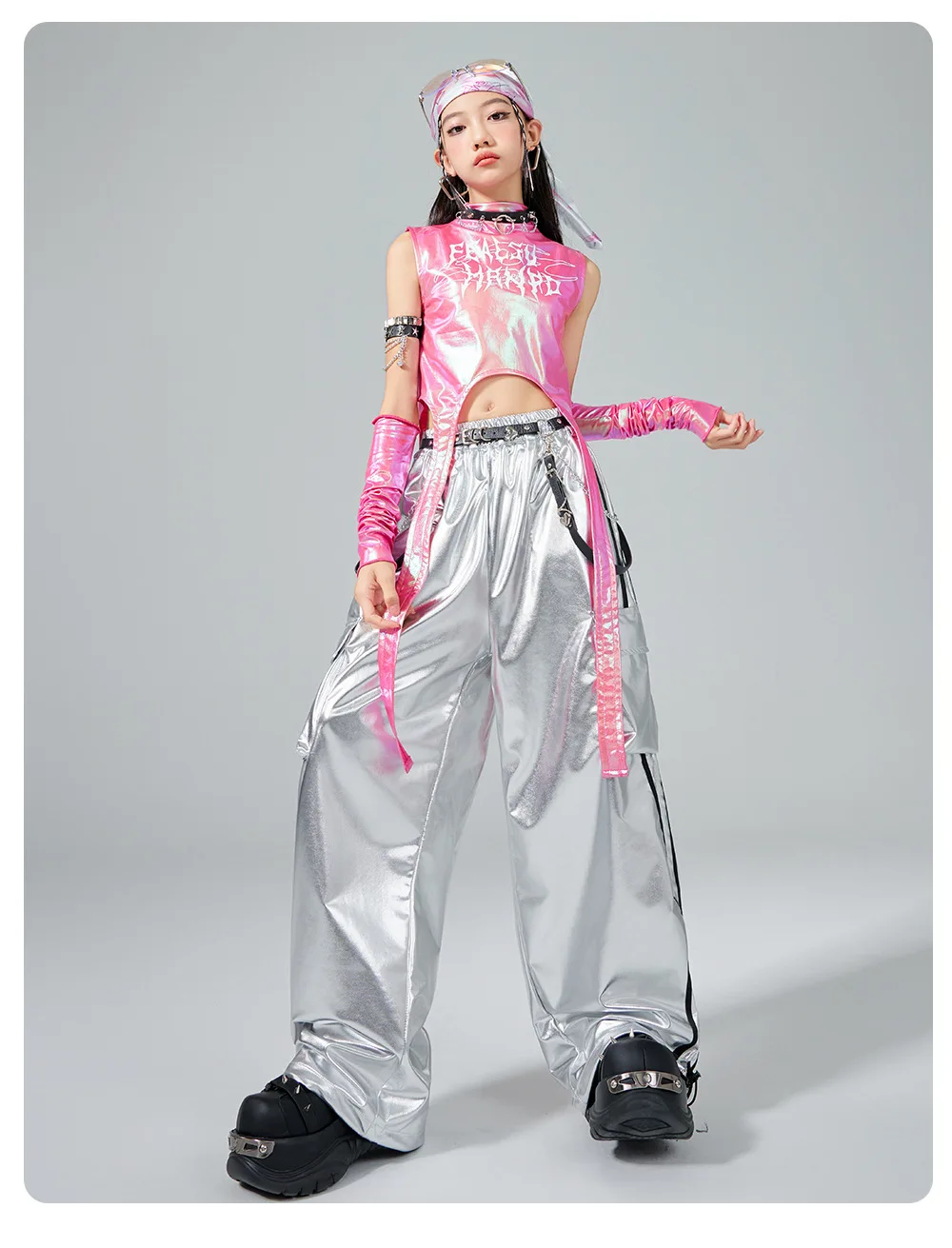 Hip Hop Girls Sweet Shiny Crop Top Silver Cargo Pants Kids K-pop Jazz Dance Clothes Sets Children Streetwear Girl Group Costumes