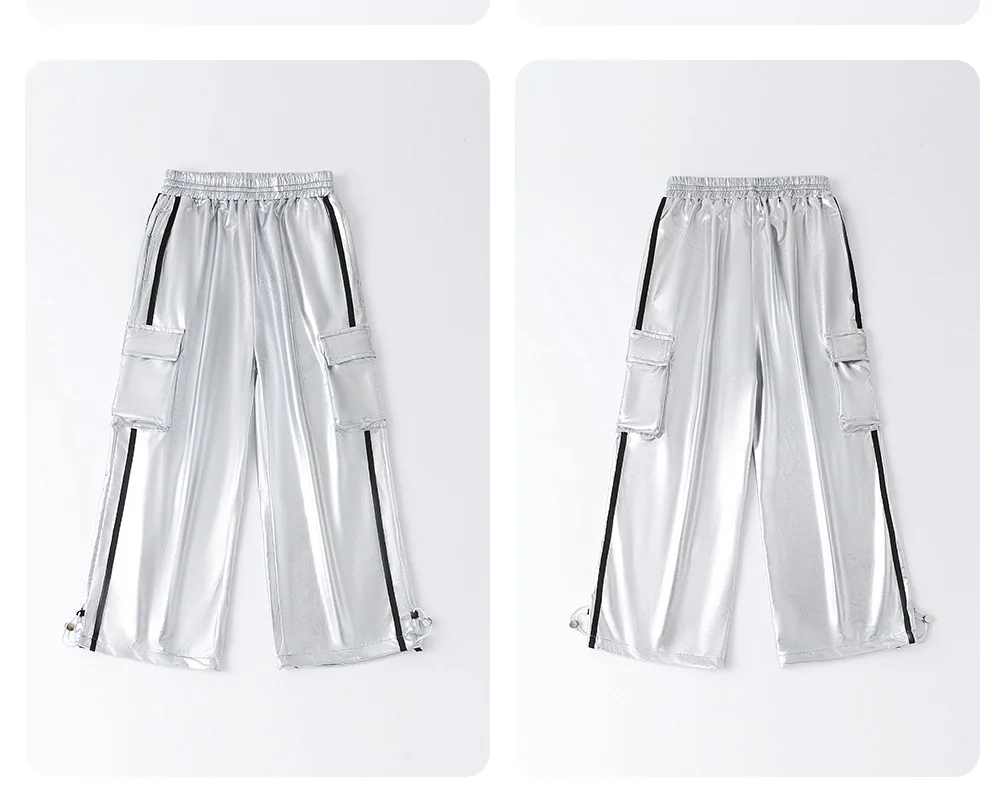 Hip Hop Girls Sweet Shiny Crop Top Silver Cargo Pants Kids K-pop Jazz Dance Clothes Sets Children Streetwear Girl Group Costumes