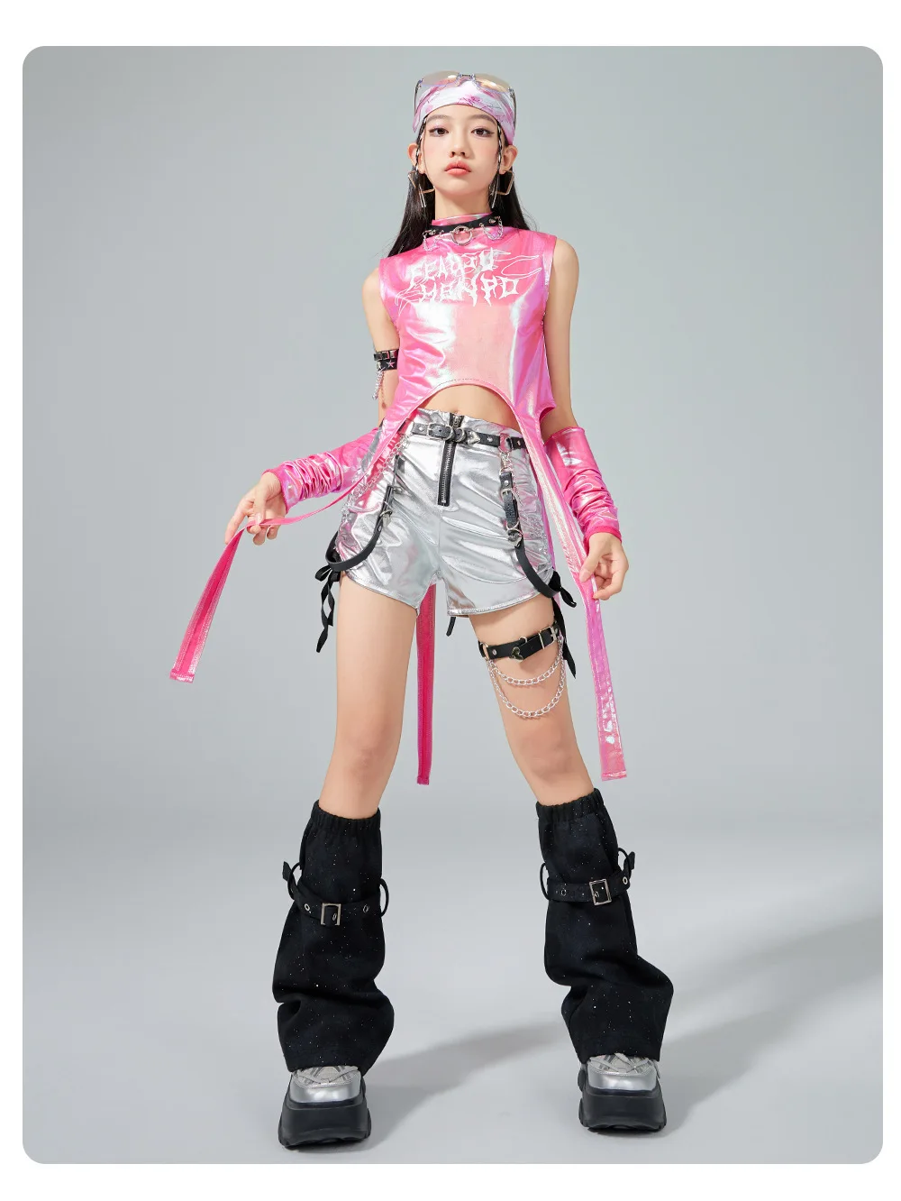 Hip Hop Girls Sweet Shiny Crop Top Silver Cargo Pants Kids K-pop Jazz Dance Clothes Sets Children Streetwear Girl Group Costumes