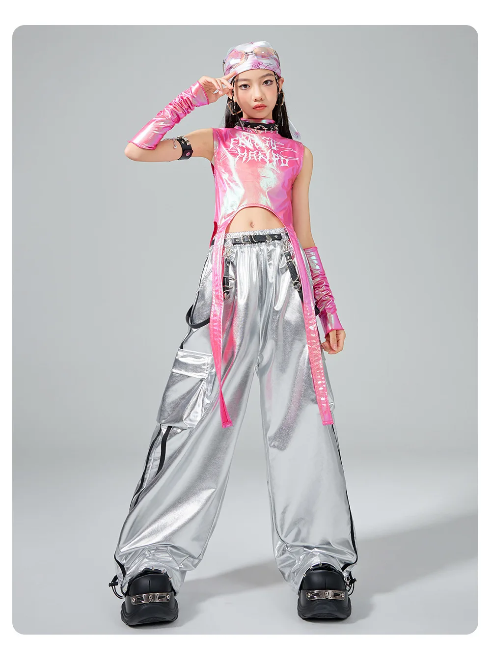 Hip Hop Girls Sweet Shiny Crop Top Silver Cargo Pants Kids K-pop Jazz Dance Clothes Sets Children Streetwear Girl Group Costumes