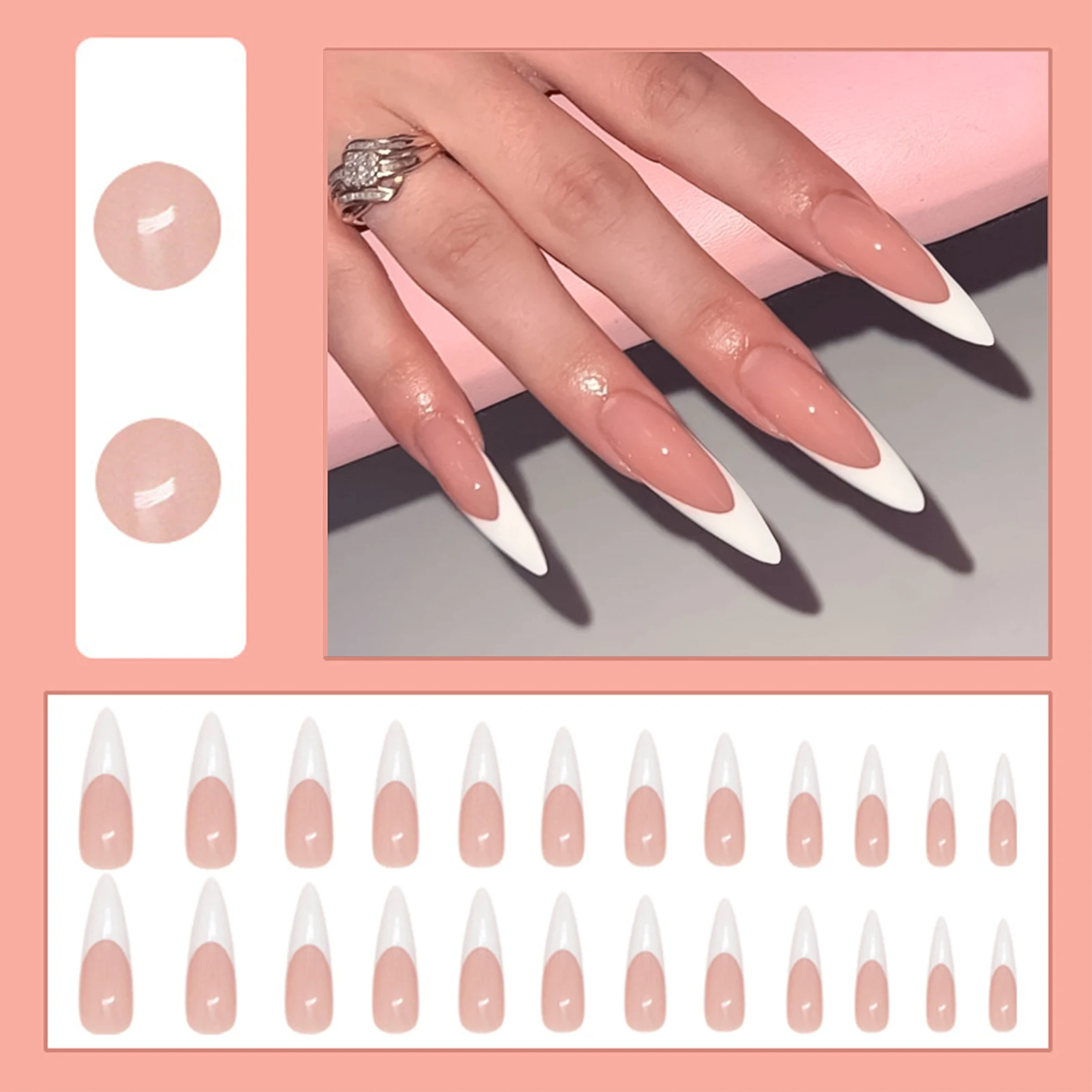 24Pcs Long Stiletto Fake Nails Spicy Girls Charm Manicure Pink Press On Nails Full Cover French False Nails Art for Women
