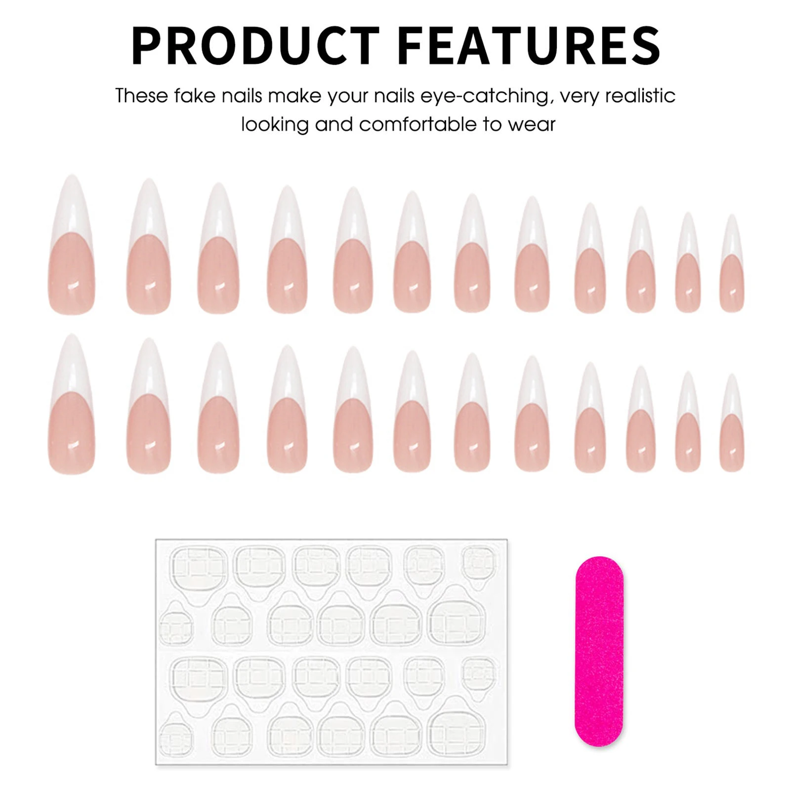24Pcs Long Stiletto Fake Nails Spicy Girls Charm Manicure Pink Press On Nails Full Cover French False Nails Art for Women