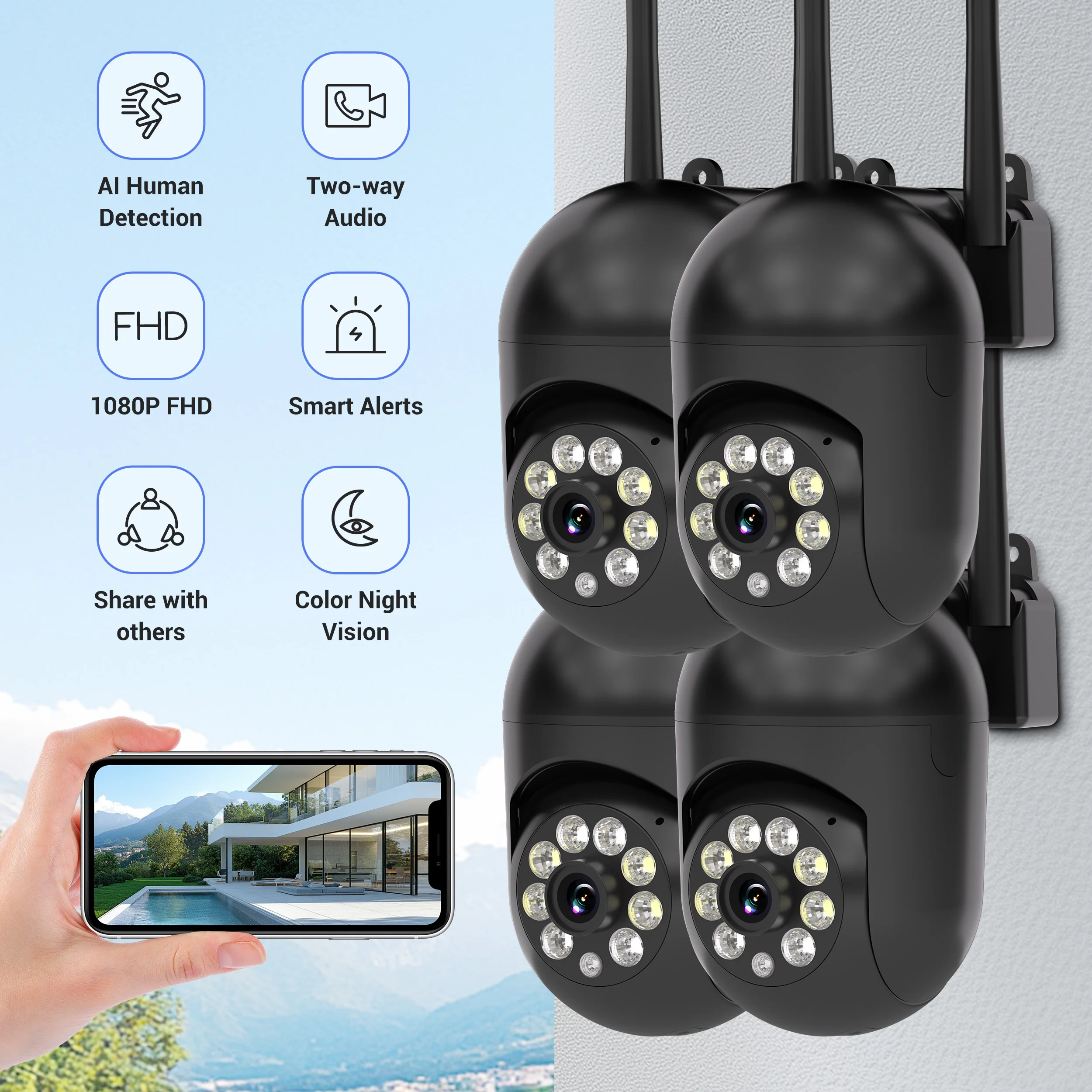 Ease Life APP 4/2/1PC Upgraded Black 5G/2.4G WiFi Security Camera Color Night Vision Motion Detection Tracking Indoor Outdoor AI