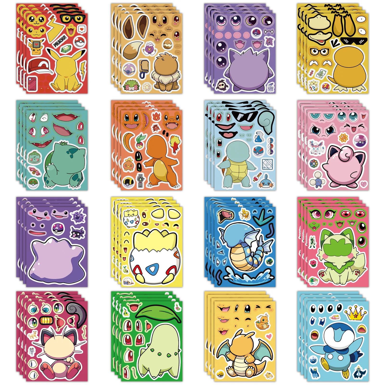 16Sheets Pokemon Make A Face Puzzle Stickers Pikachu Charizard for Kids Make Your Own DIY Game Children Cartoon Jigsaw Toys Gift