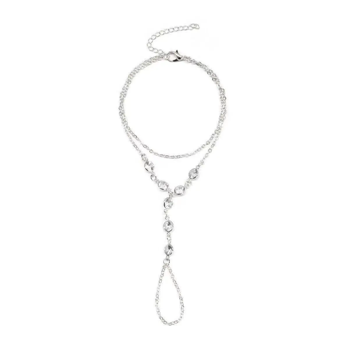 Fashion Multilayer Rhinestone Beaded Bracelet Ring for Women Light Luxury Metal Finger Chain Party Jewelry Accessories Gifts