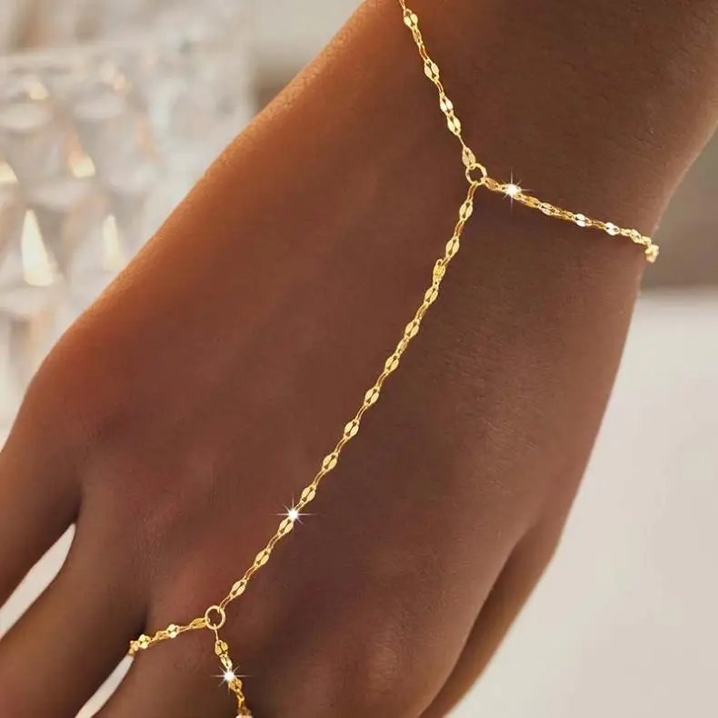 Fashion Multilayer Rhinestone Beaded Bracelet Ring for Women Light Luxury Metal Finger Chain Party Jewelry Accessories Gifts