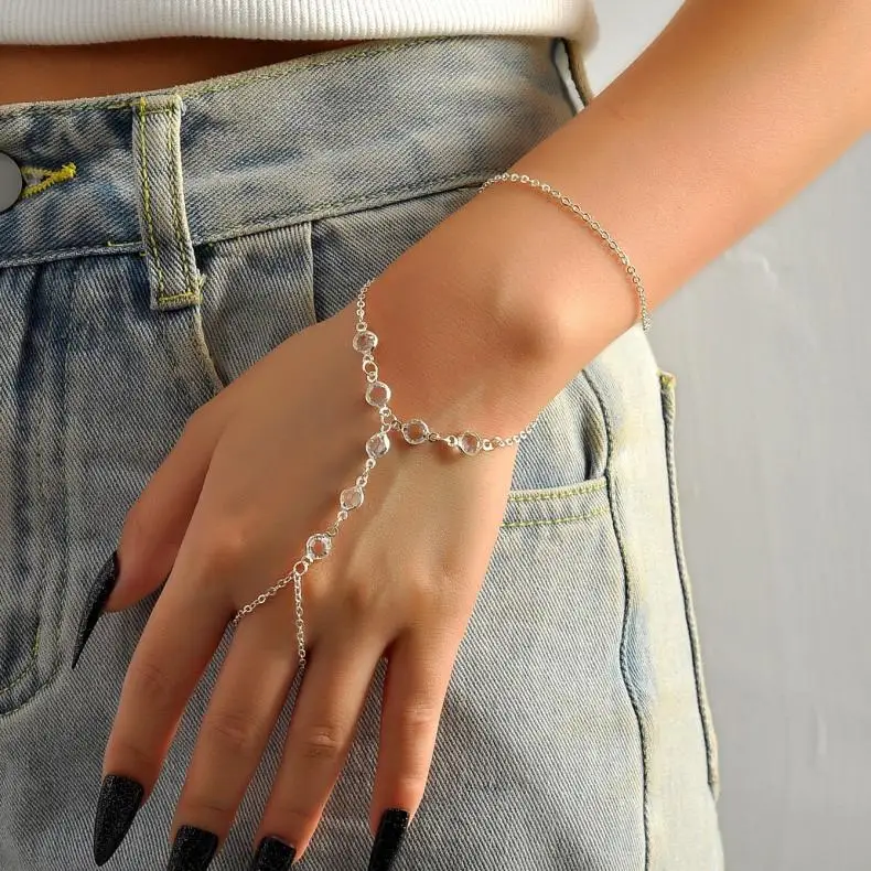 Fashion Multilayer Rhinestone Beaded Bracelet Ring for Women Light Luxury Metal Finger Chain Party Jewelry Accessories Gifts