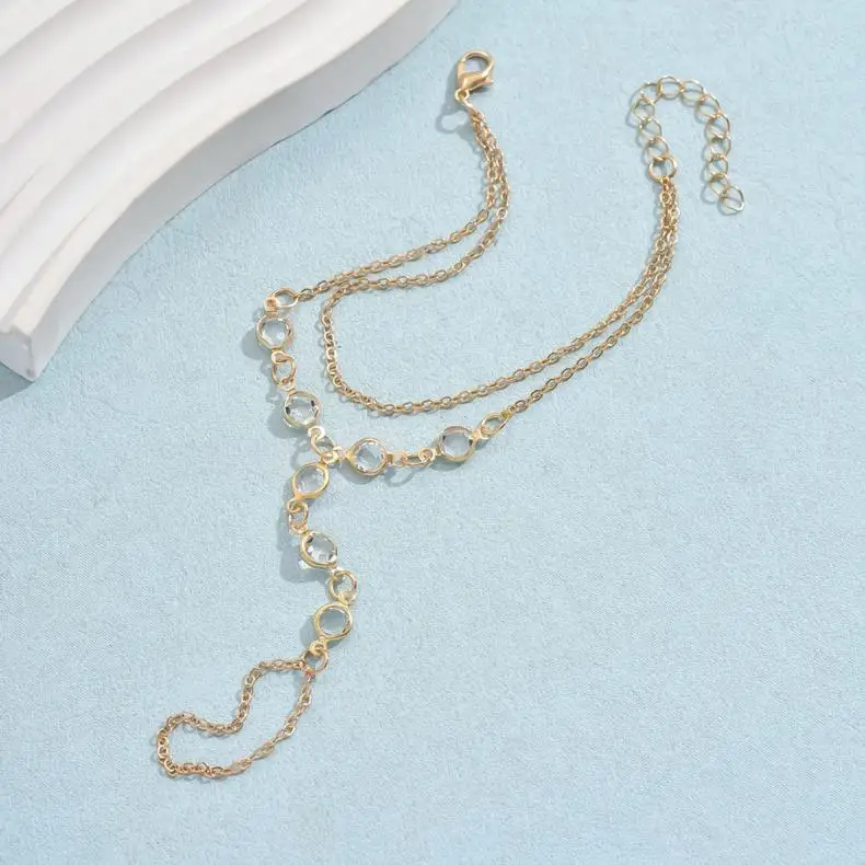 Fashion Multilayer Rhinestone Beaded Bracelet Ring for Women Light Luxury Metal Finger Chain Party Jewelry Accessories Gifts