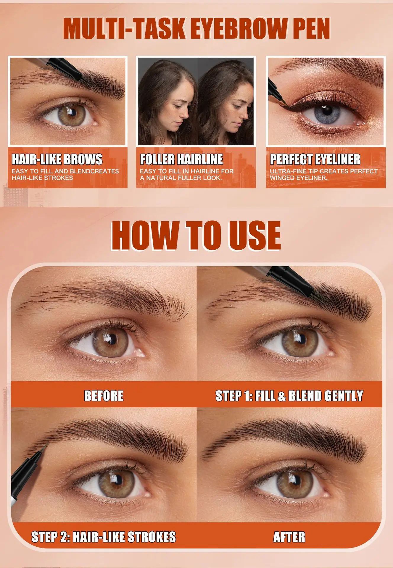 Dual Ended Eyebrow Pencil Waterproof Highly Pigmented Long Lasting Non Smudge 4D Microblading Effect 2 in 1 Liquid Pen