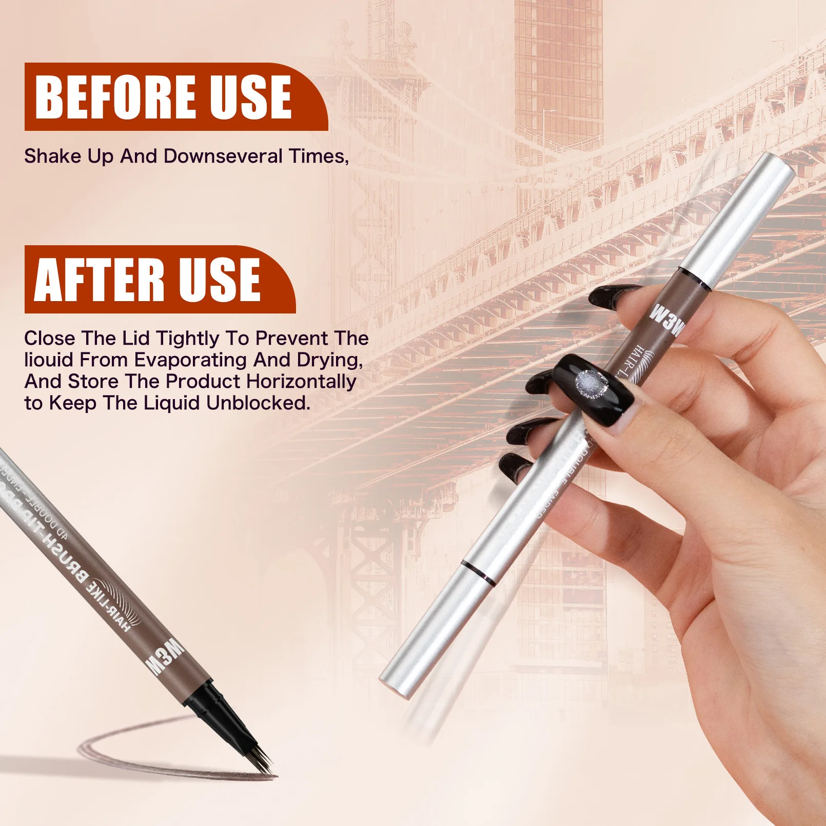 Dual Ended Eyebrow Pencil Waterproof Highly Pigmented Long Lasting Non Smudge 4D Microblading Effect 2 in 1 Liquid Pen