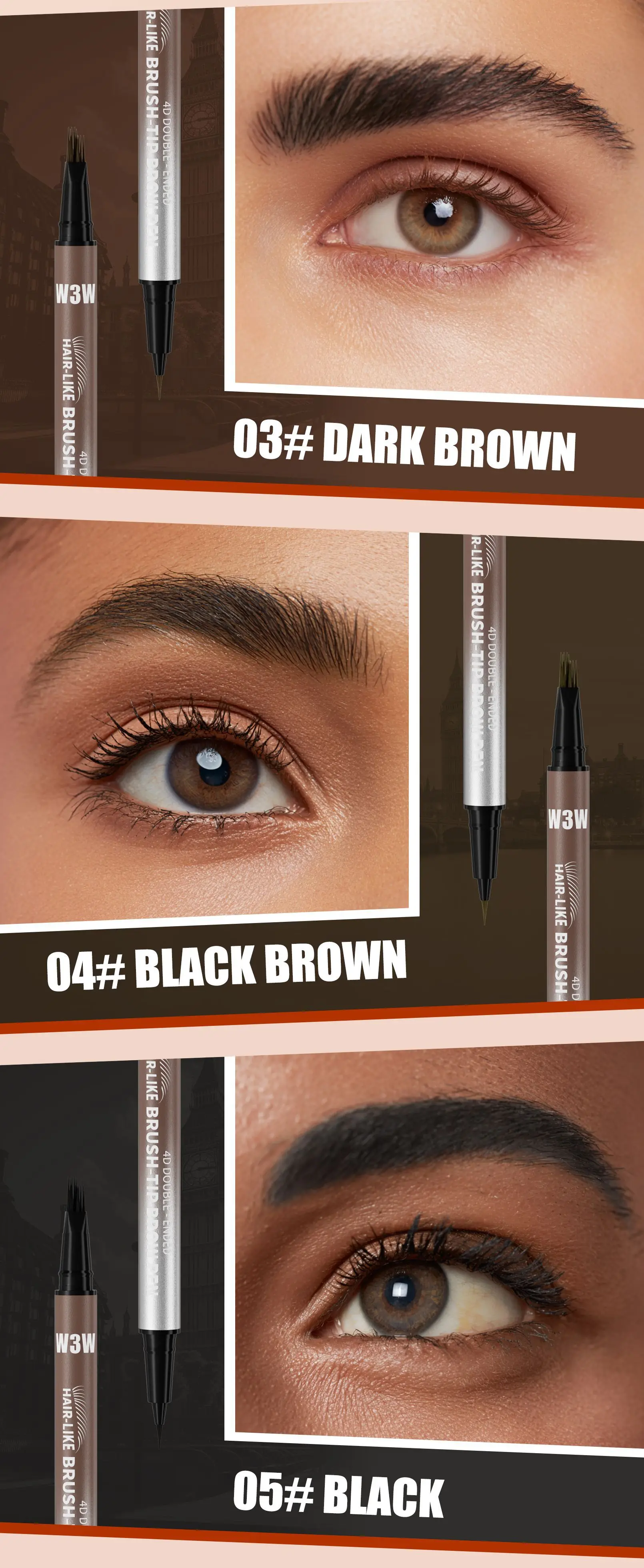 Dual Ended Eyebrow Pencil Waterproof Highly Pigmented Long Lasting Non Smudge 4D Microblading Effect 2 in 1 Liquid Pen