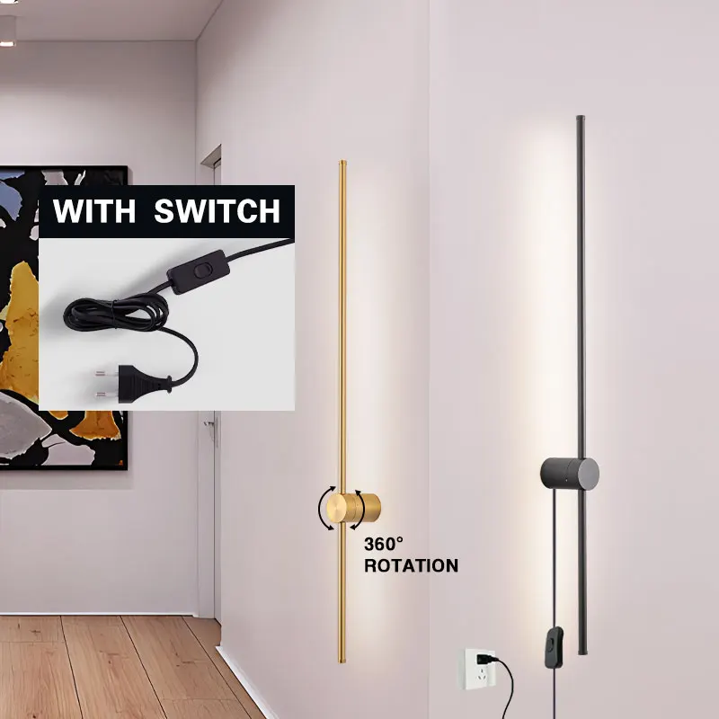 Indoor 360° Rotatable LED Wall Lamps with EU/US Plug Switch for Bedroom TV Background Long Strip Black Copper LED Wall Lights