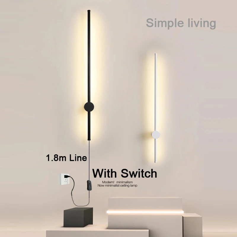 Indoor 360° Rotatable LED Wall Lamps with EU/US Plug Switch for Bedroom TV Background Long Strip Black Copper LED Wall Lights