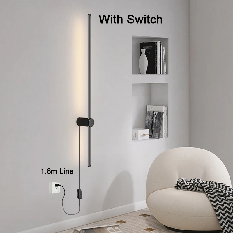 Indoor 360° Rotatable LED Wall Lamps with EU/US Plug Switch for Bedroom TV Background Long Strip Black Copper LED Wall Lights