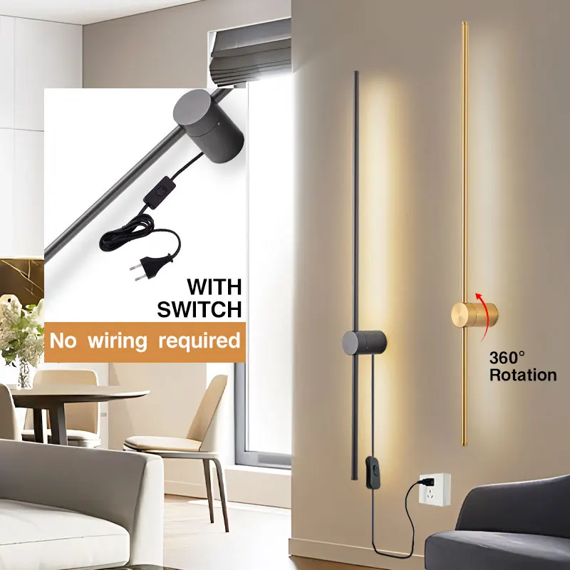 Indoor 360° Rotatable LED Wall Lamps with EU/US Plug Switch for Bedroom TV Background Long Strip Black Copper LED Wall Lights