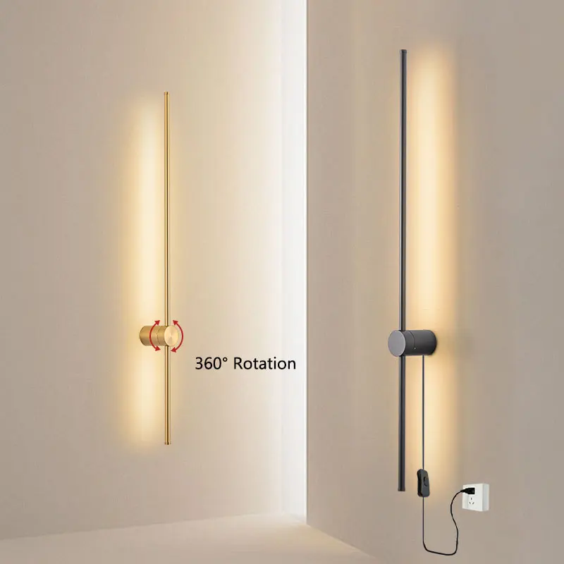 Indoor 360° Rotatable LED Wall Lamps with EU/US Plug Switch for Bedroom TV Background Long Strip Black Copper LED Wall Lights