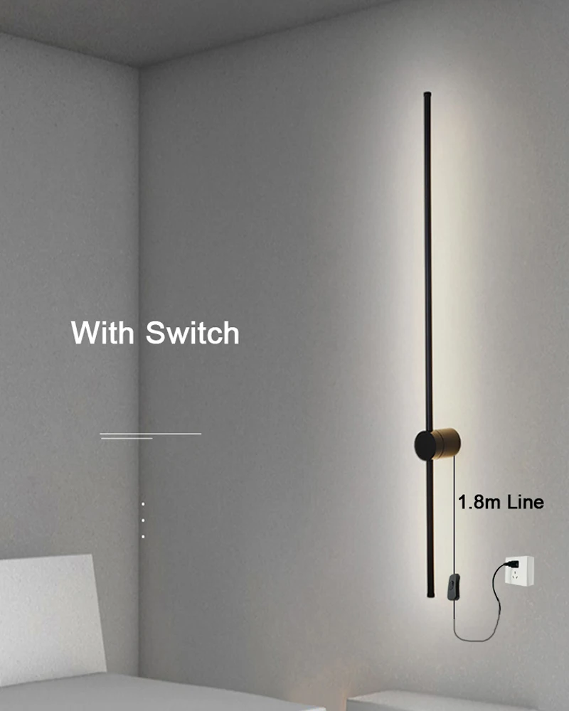 Indoor 360° Rotatable LED Wall Lamps with EU/US Plug Switch for Bedroom TV Background Long Strip Black Copper LED Wall Lights