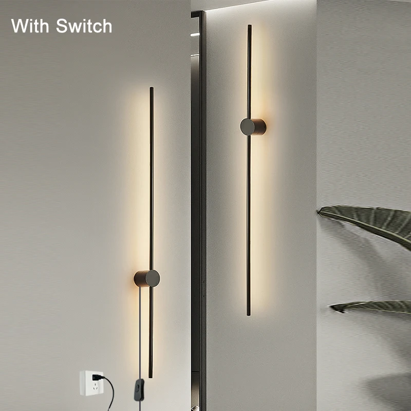 Indoor 360° Rotatable LED Wall Lamps with EU/US Plug Switch for Bedroom TV Background Long Strip Black Copper LED Wall Lights