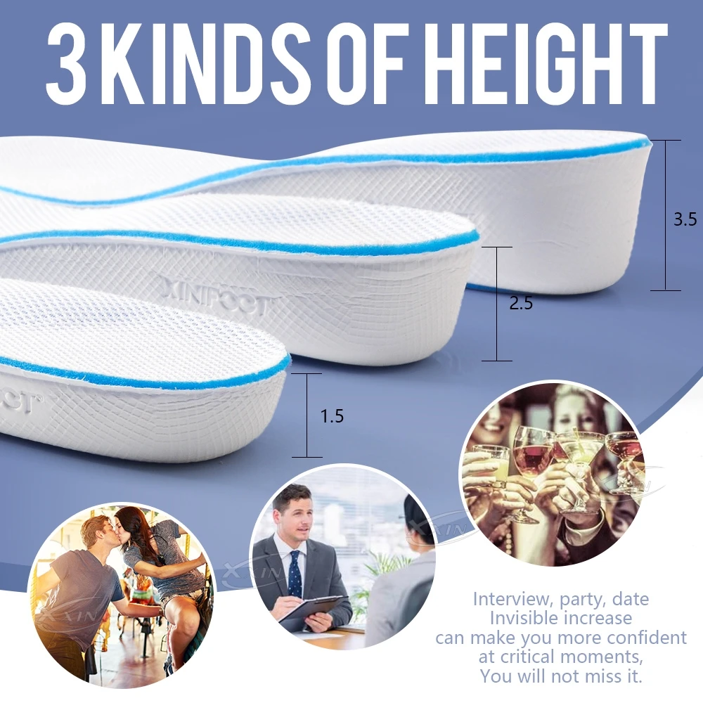 【Xxin】1.5/2.5/3.5cm Height Increase Insoles for Men and Women Memory Foam Arch Support Cushion Shoes Pads Size 35-46