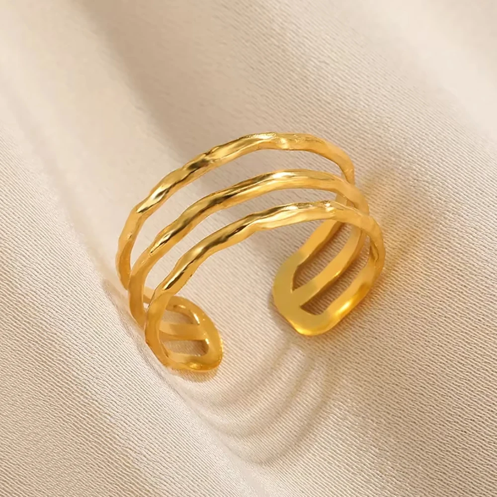 316L Stainless Steel Rings for Women Gold Color Multilayer Geometric Open Ring Vintage Waterproof Wedding Aesthetic Jewelry Gift