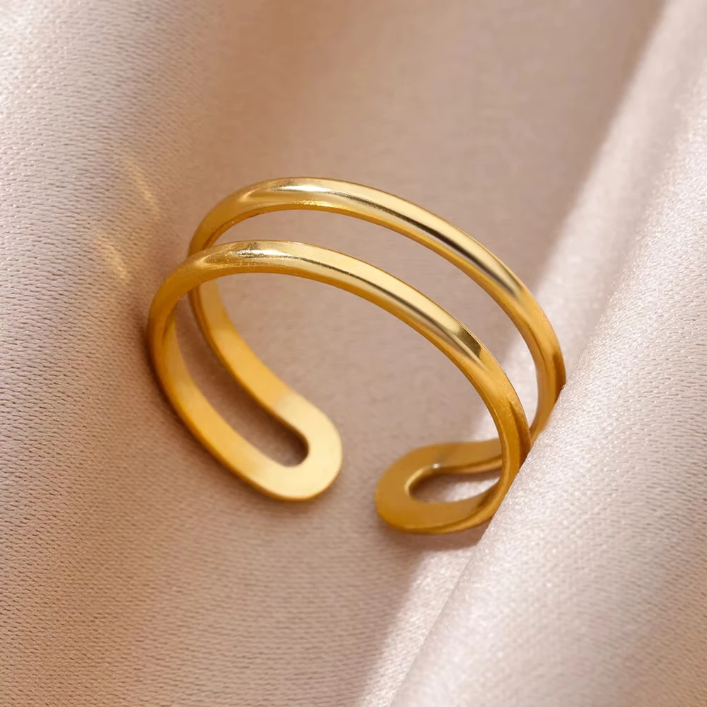 316L Stainless Steel Rings for Women Gold Color Multilayer Geometric Open Ring Vintage Waterproof Wedding Aesthetic Jewelry Gift