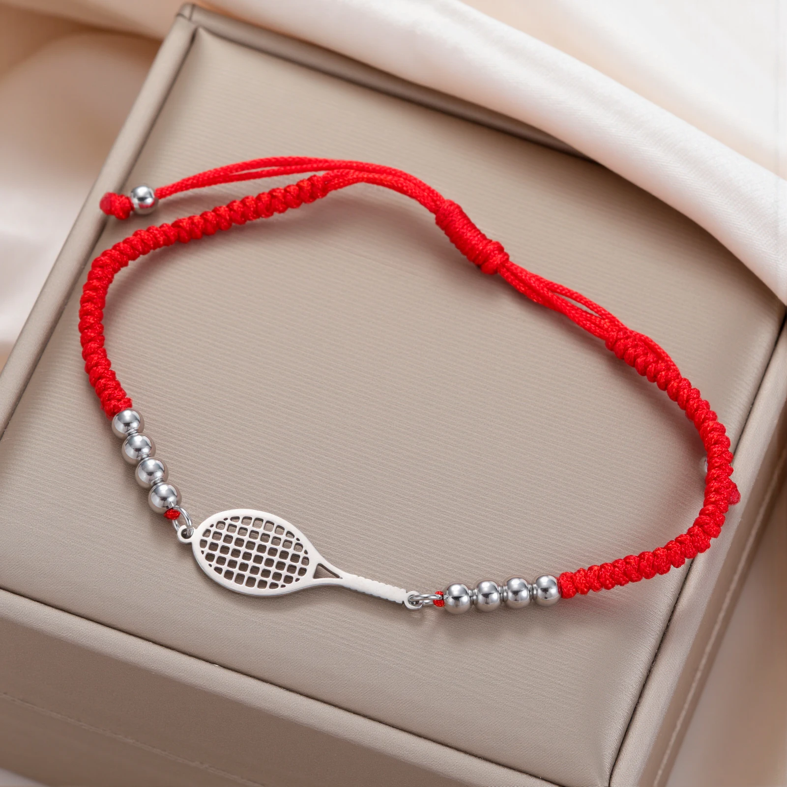 Skyrim Tennis Racket and Ball Charm Bracelet Stainless Steel Red Rope Hand Bracelets for Women Fashion Sport Jewelry Gift