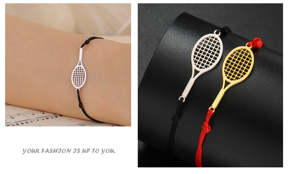 Skyrim Tennis Racket and Ball Charm Bracelet Stainless Steel Red Rope Hand Bracelets for Women Fashion Sport Jewelry Gift