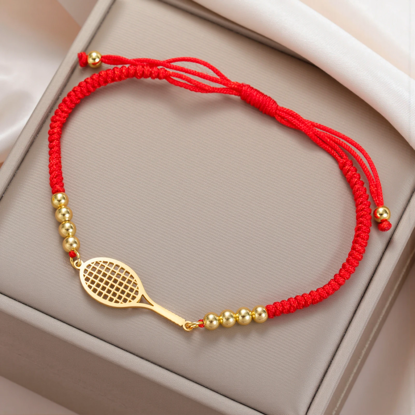 Skyrim Tennis Racket and Ball Charm Bracelet Stainless Steel Red Rope Hand Bracelets for Women Fashion Sport Jewelry Gift