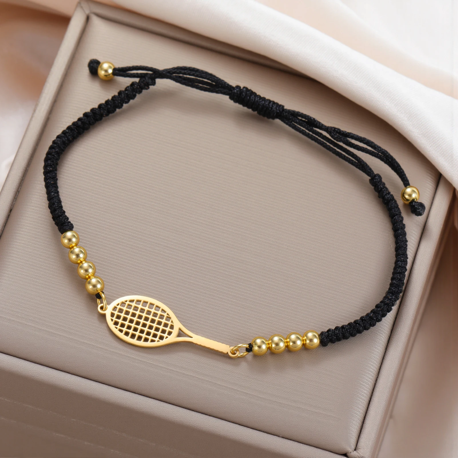 Skyrim Tennis Racket and Ball Charm Bracelet Stainless Steel Red Rope Hand Bracelets for Women Fashion Sport Jewelry Gift