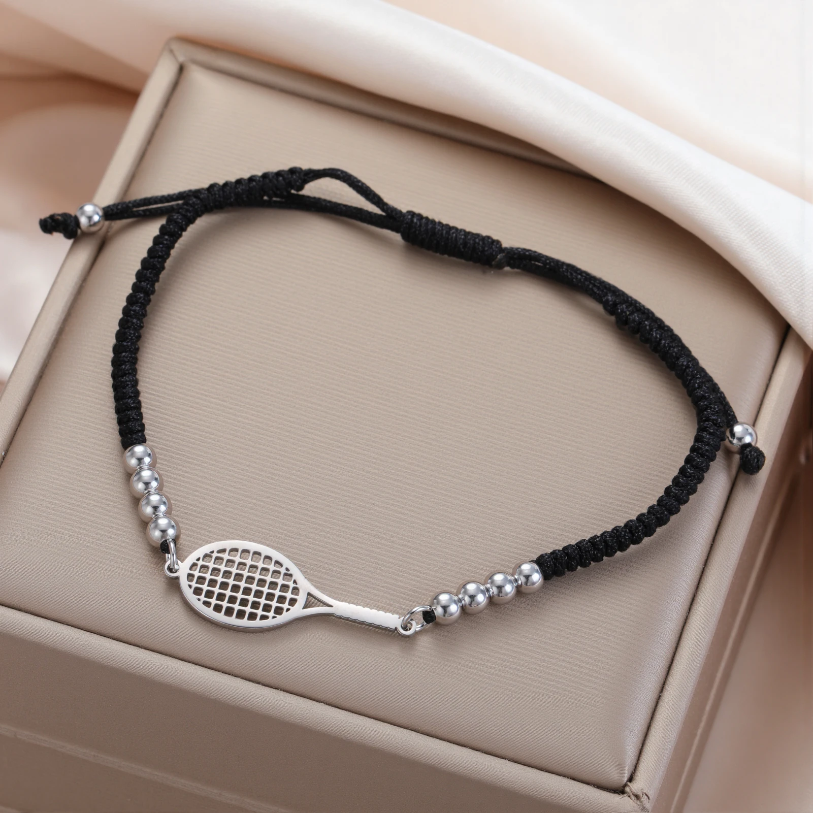 Skyrim Tennis Racket and Ball Charm Bracelet Stainless Steel Red Rope Hand Bracelets for Women Fashion Sport Jewelry Gift