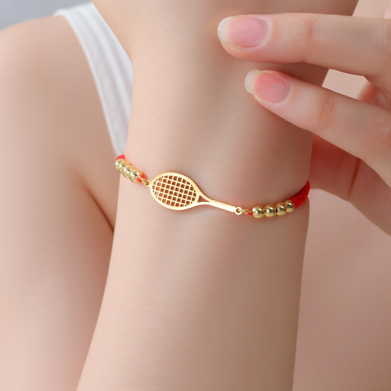 Skyrim Tennis Racket and Ball Charm Bracelet Stainless Steel Red Rope Hand Bracelets for Women Fashion Sport Jewelry Gift