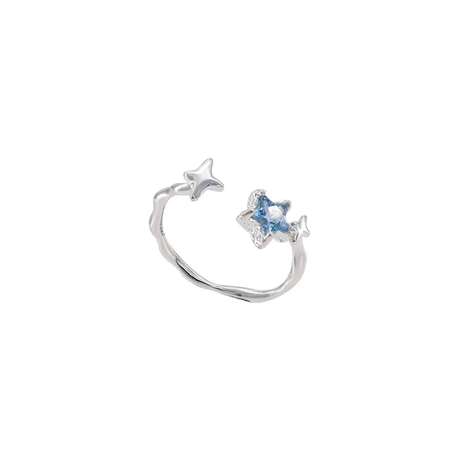 PANJBJ 925 Sterling Silver Stars Ring For Women Blue Crystal Opening Sweet Romance Irregular Versatile Jewelry Gift Dropshipping