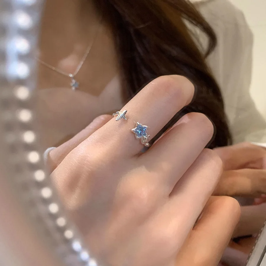PANJBJ 925 Sterling Silver Stars Ring For Women Blue Crystal Opening Sweet Romance Irregular Versatile Jewelry Gift Dropshipping