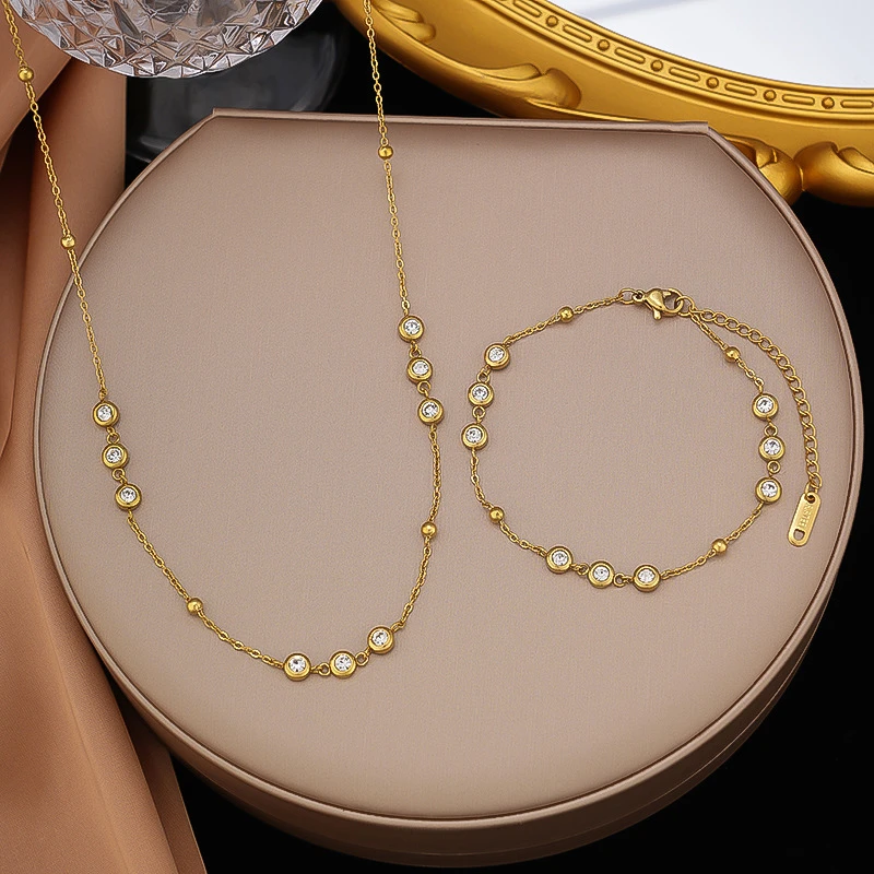 316L Stainless Steel 2025 New Trend 18K Gold-plated Jewelry Set Elegant Style Embed Zircon Woman Charm Chain Necklaces Bracelet