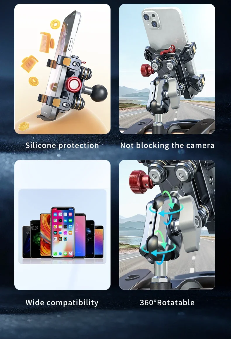 Metal Alloy Shockproof Motorcycle Phone Holder Vibration Dampener 360 Rotation Motorbike Bicycle Bike Scooter Phone Stand Mount