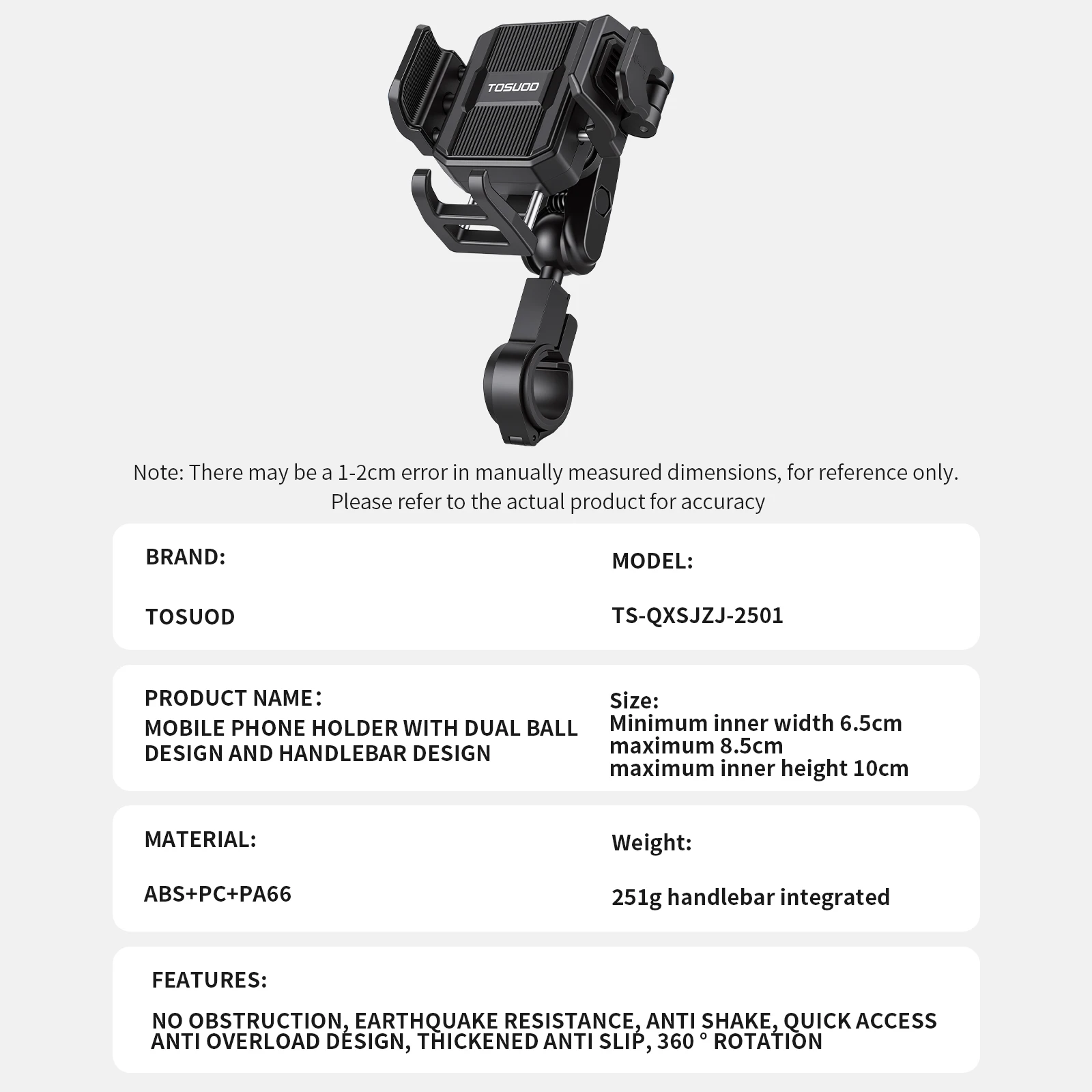 TOSUOD Bike Phone Holder 360° View Bicycle Phone Holder Stand Motorcycle Shockproof Phone Bracket