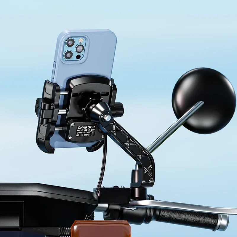 Aluminum Motorcycle USB Phone Holder Handlebar Rear-View Mirror Mount Charger with USB C Fast Charge Port for 5.4"-7.2" Phones