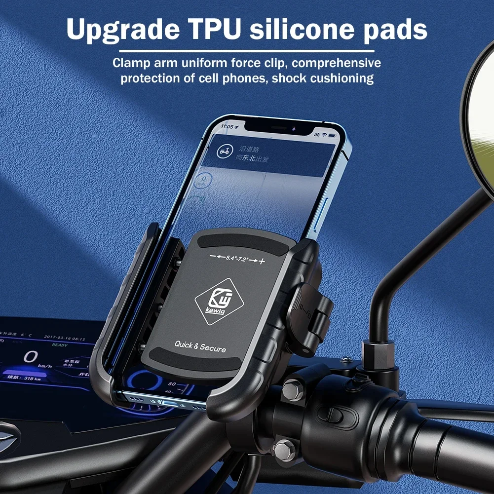 Aluminum Motorcycle USB Phone Holder Handlebar Rear-View Mirror Mount Charger with USB C Fast Charge Port for 5.4"-7.2" Phones