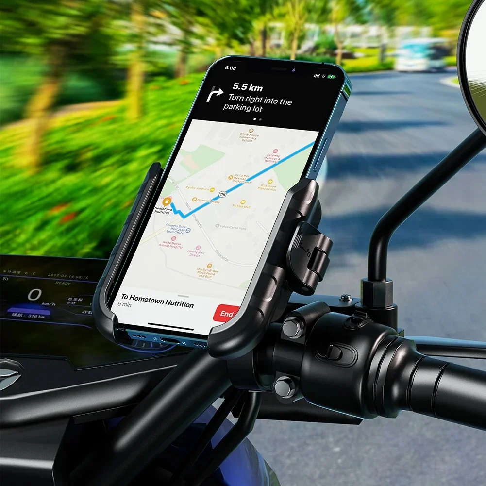 Aluminum Motorcycle USB Phone Holder Handlebar Rear-View Mirror Mount Charger with USB C Fast Charge Port for 5.4"-7.2" Phones