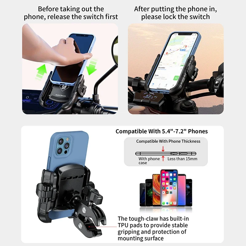 Aluminum Motorcycle USB Phone Holder Handlebar Rear-View Mirror Mount Charger with USB C Fast Charge Port for 5.4"-7.2" Phones