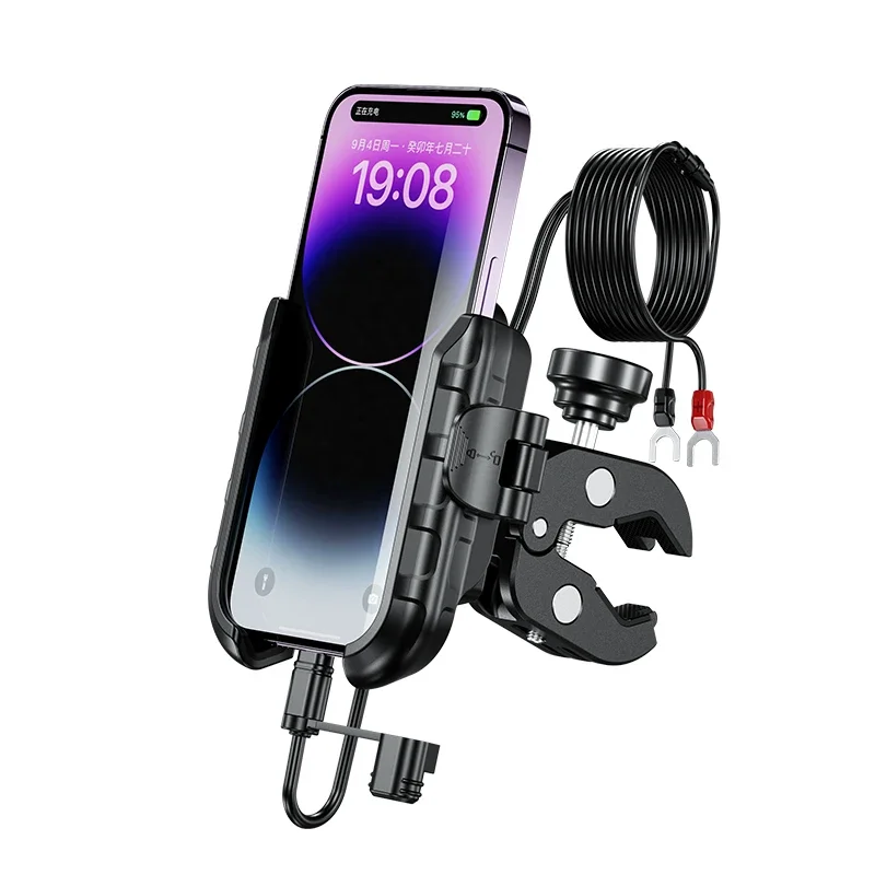 Aluminum Motorcycle USB Phone Holder Handlebar Rear-View Mirror Mount Charger with USB C Fast Charge Port for 5.4"-7.2" Phones