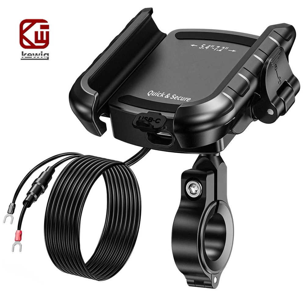 Aluminum Motorcycle USB Phone Holder Handlebar Rear-View Mirror Mount Charger with USB C Fast Charge Port for 5.4"-7.2" Phones