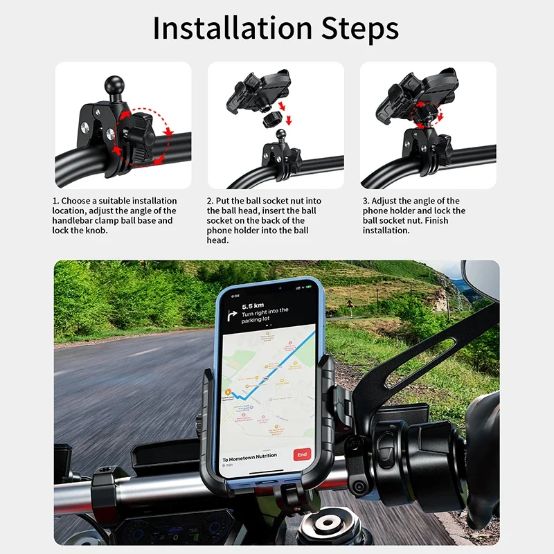 Aluminum Motorcycle USB Phone Holder Handlebar Rear-View Mirror Mount Charger with USB C Fast Charge Port for 5.4"-7.2" Phones