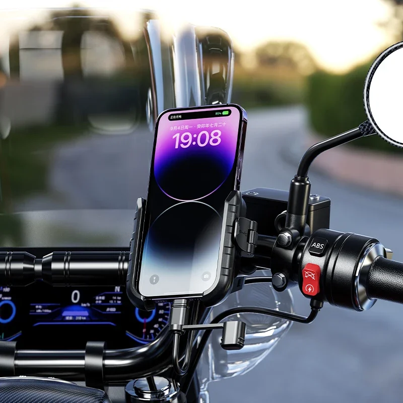 Aluminum Motorcycle USB Phone Holder Handlebar Rear-View Mirror Mount Charger with USB C Fast Charge Port for 5.4"-7.2" Phones