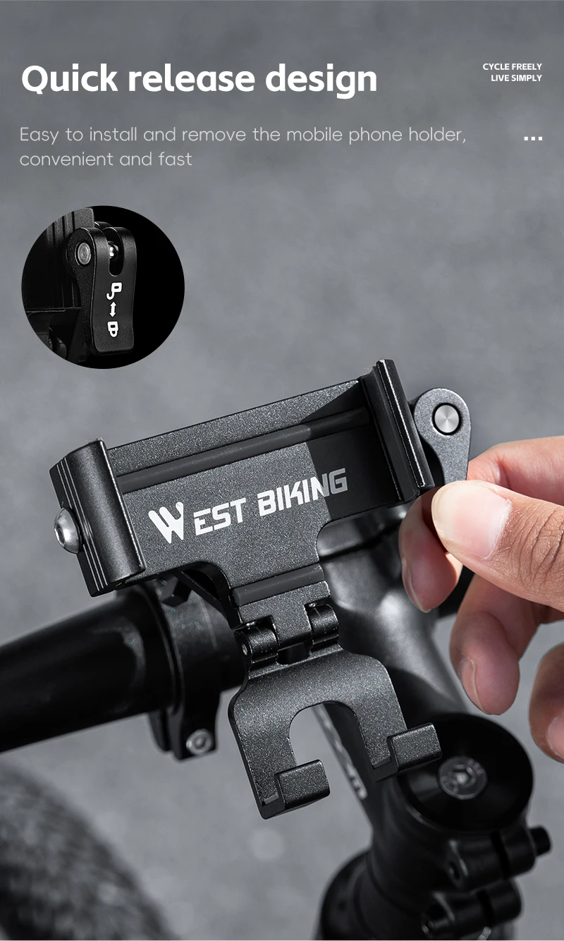 WEST BIKING 360° Rotation Bicycle Phone Holder Aluminum Handlebar Bike Phone Mount Adjustable Non-Slip For 65-90MM Phone Bracket