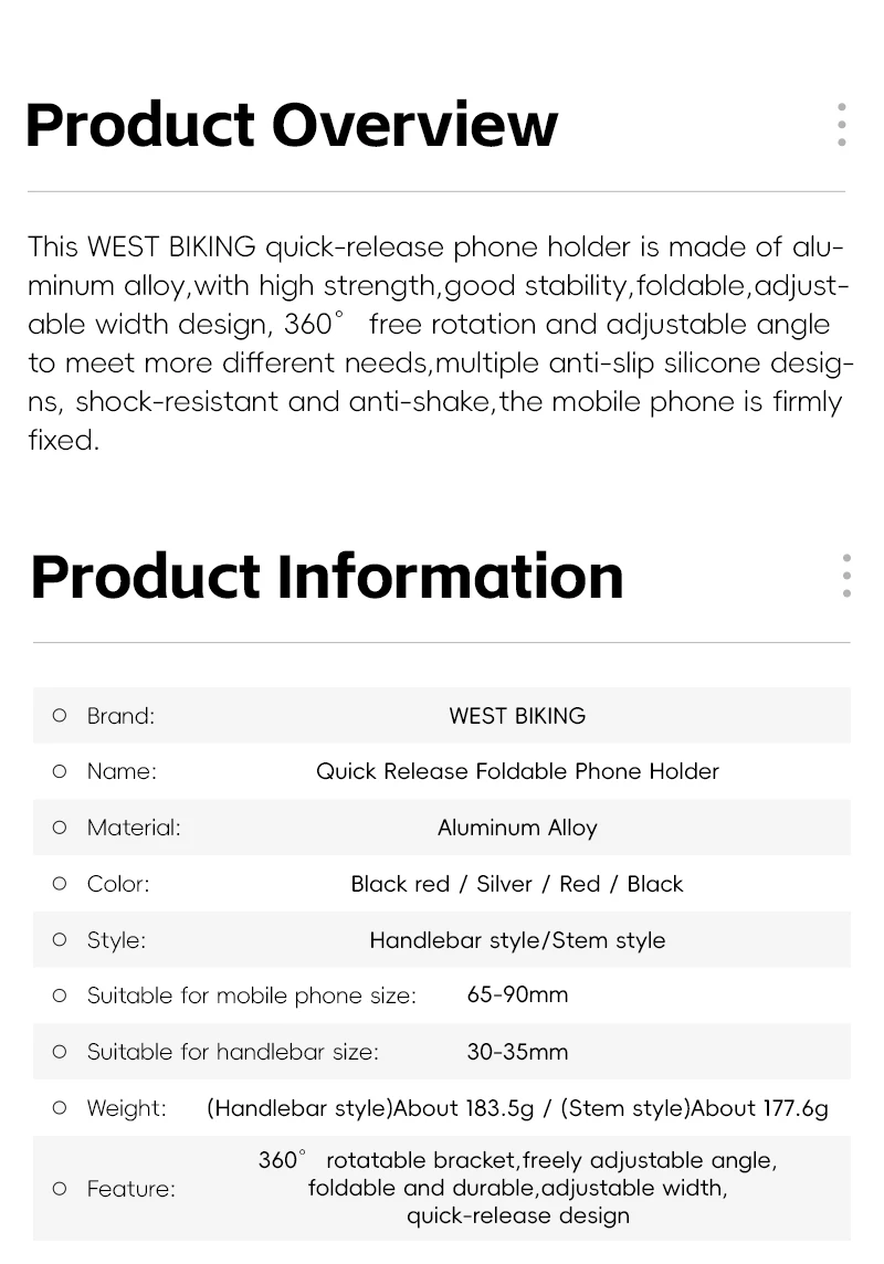 WEST BIKING 360° Rotation Bicycle Phone Holder Aluminum Handlebar Bike Phone Mount Adjustable Non-Slip For 65-90MM Phone Bracket
